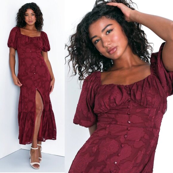 Lulus Dresses & Skirts - Lulus Everlasting Charm Floral Jacquard Midi Dress w/Button Front & Puff Sleeve